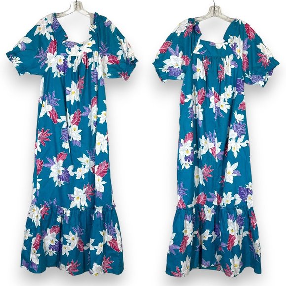 Vintage Dresses & Skirts - Vintage Hawaiian Maxi Dress Mumu Muumuu Floral Blue Pink White